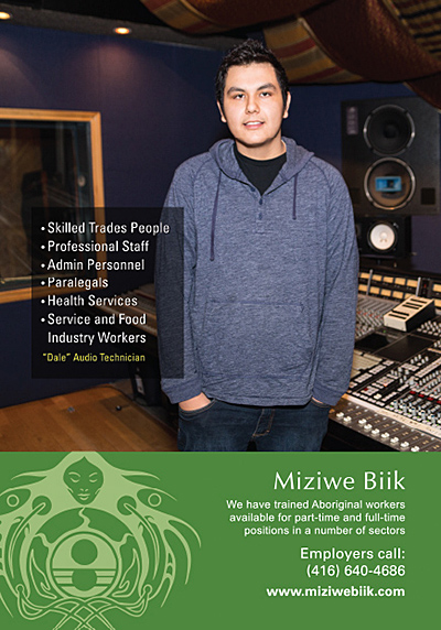 A man is standing within a music studio. Text includes Miziwe Biik's contact information