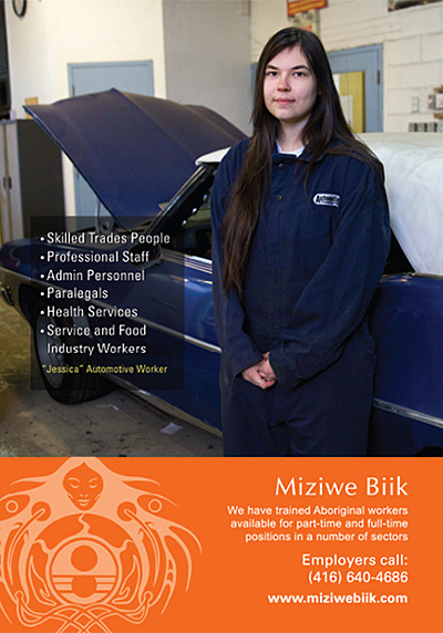 A woman is standing within a mechanic shop. Text includes Miziwe Biik's contact information.